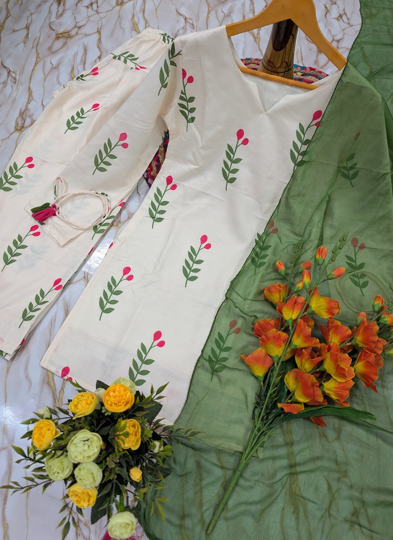 Cotton Printed Work Casual Wear Readymade Kurti Pant With Dupatta
