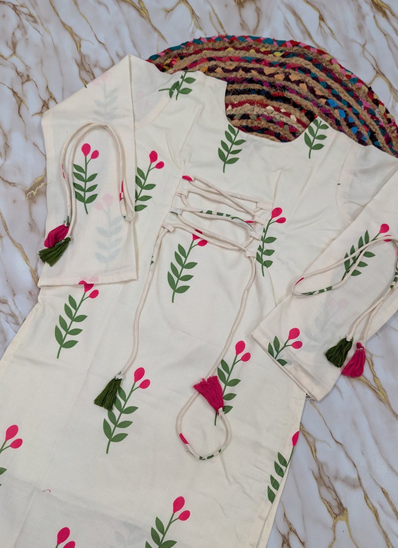 Cotton Printed Work Casual Wear Readymade Kurti Pant With Dupatta