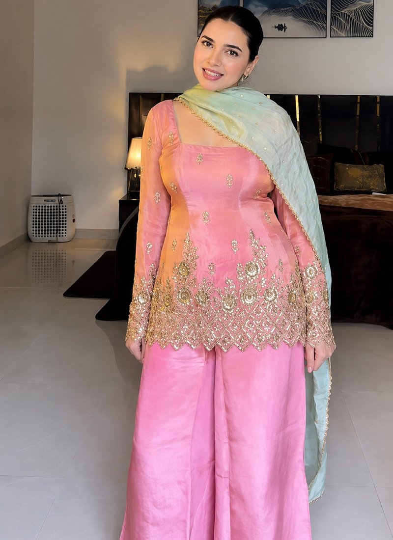 Pink Satin Silk Embroidery Work Readymade Salwar Suit
