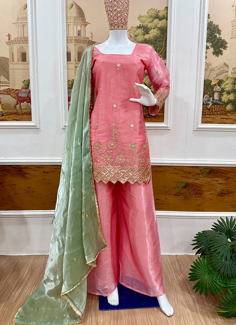 Pink Satin Silk Embroidery Work Readymade Salwar Suit