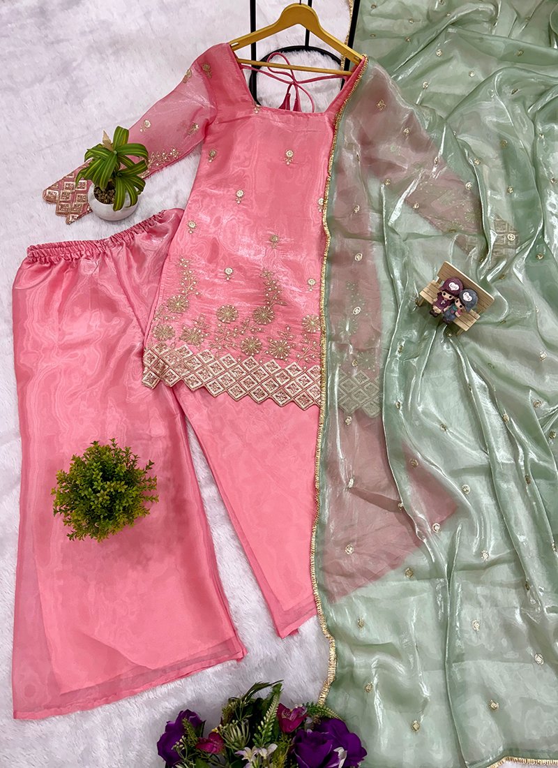 Pink Satin Silk Embroidery Work Readymade Salwar Suit