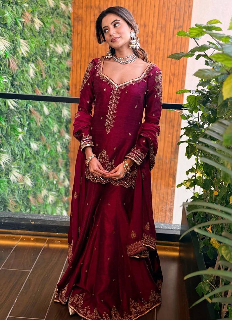 Pink Vichitra Silk Sequins Work Readymade Plazzo Suit