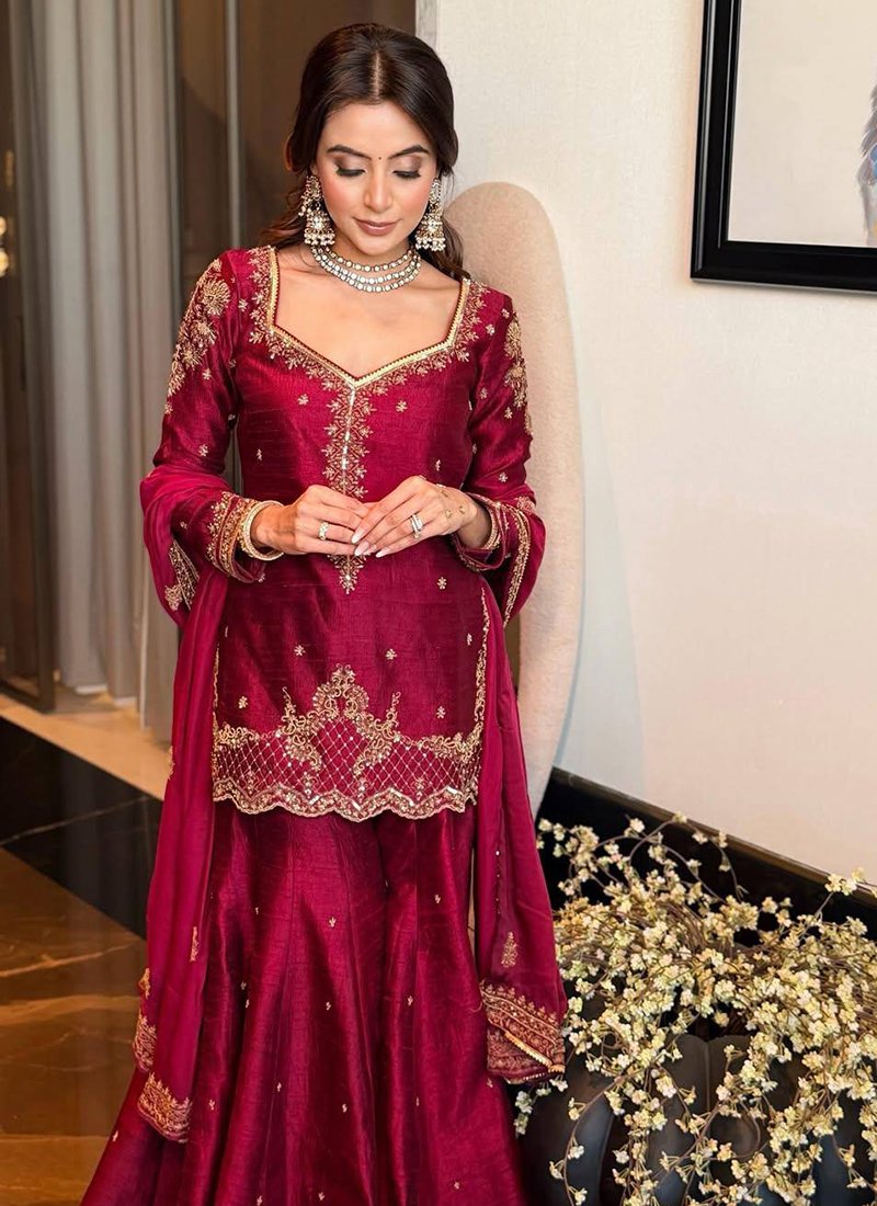Pink Vichitra Silk Sequins Work Readymade Plazzo Suit