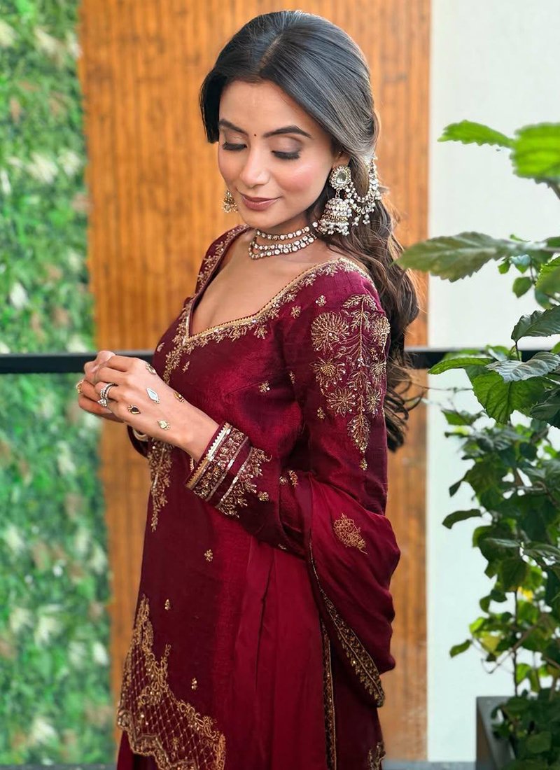 Pink Vichitra Silk Sequins Work Readymade Plazzo Suit