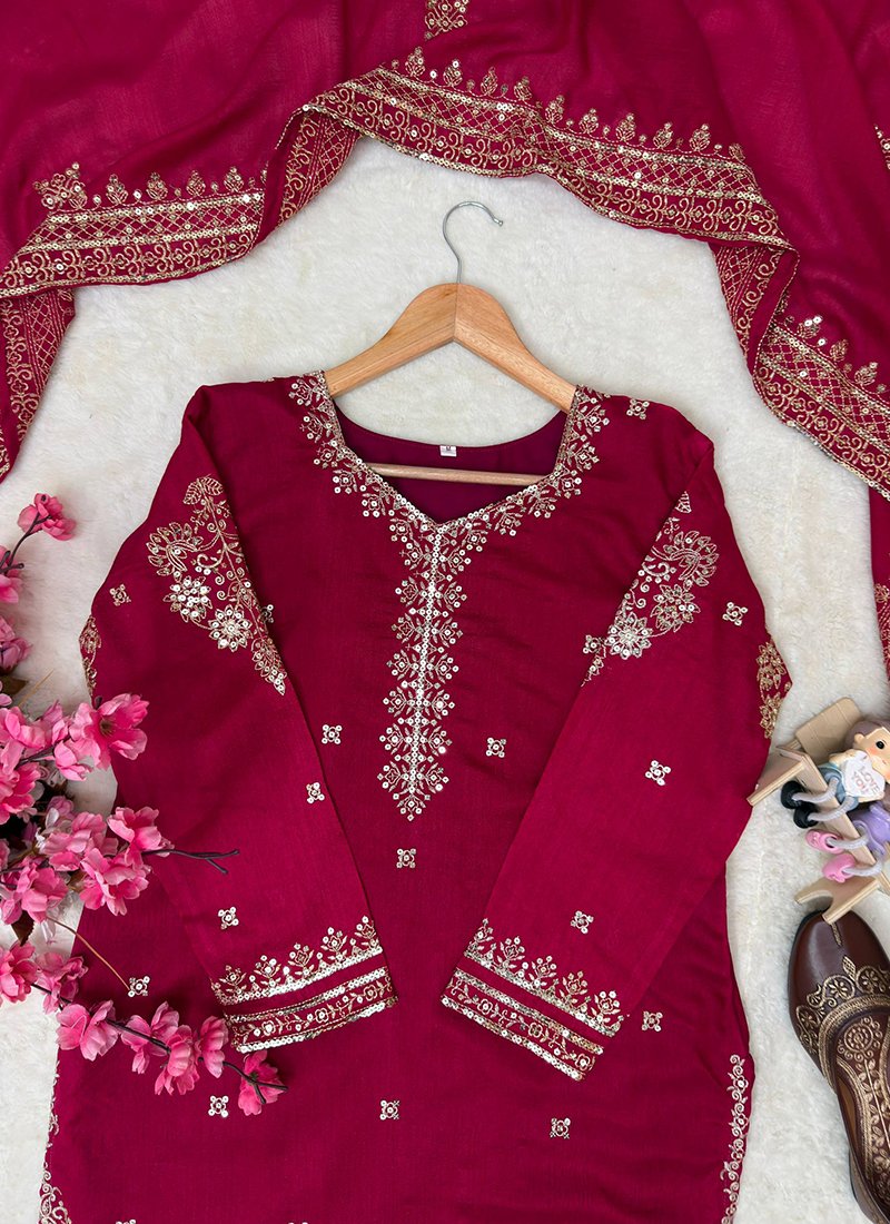 Pink Vichitra Silk Sequins Work Readymade Plazzo Suit