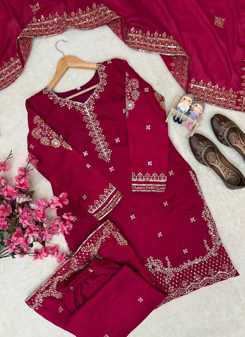 Pink Vichitra Silk Sequins Work Readymade Plazzo Suit