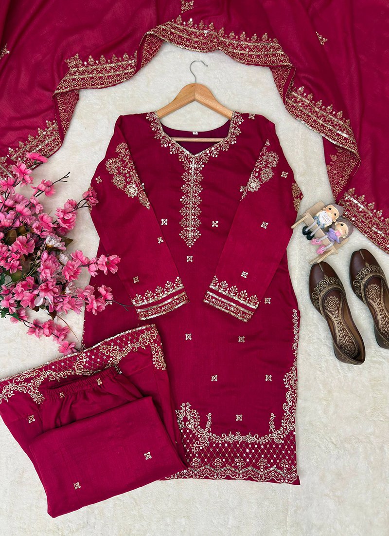 Pink Vichitra Silk Sequins Work Readymade Plazzo Suit