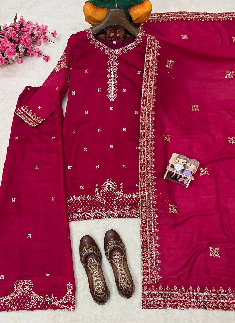 Pink Vichitra Silk Sequins Work Readymade Plazzo Suit