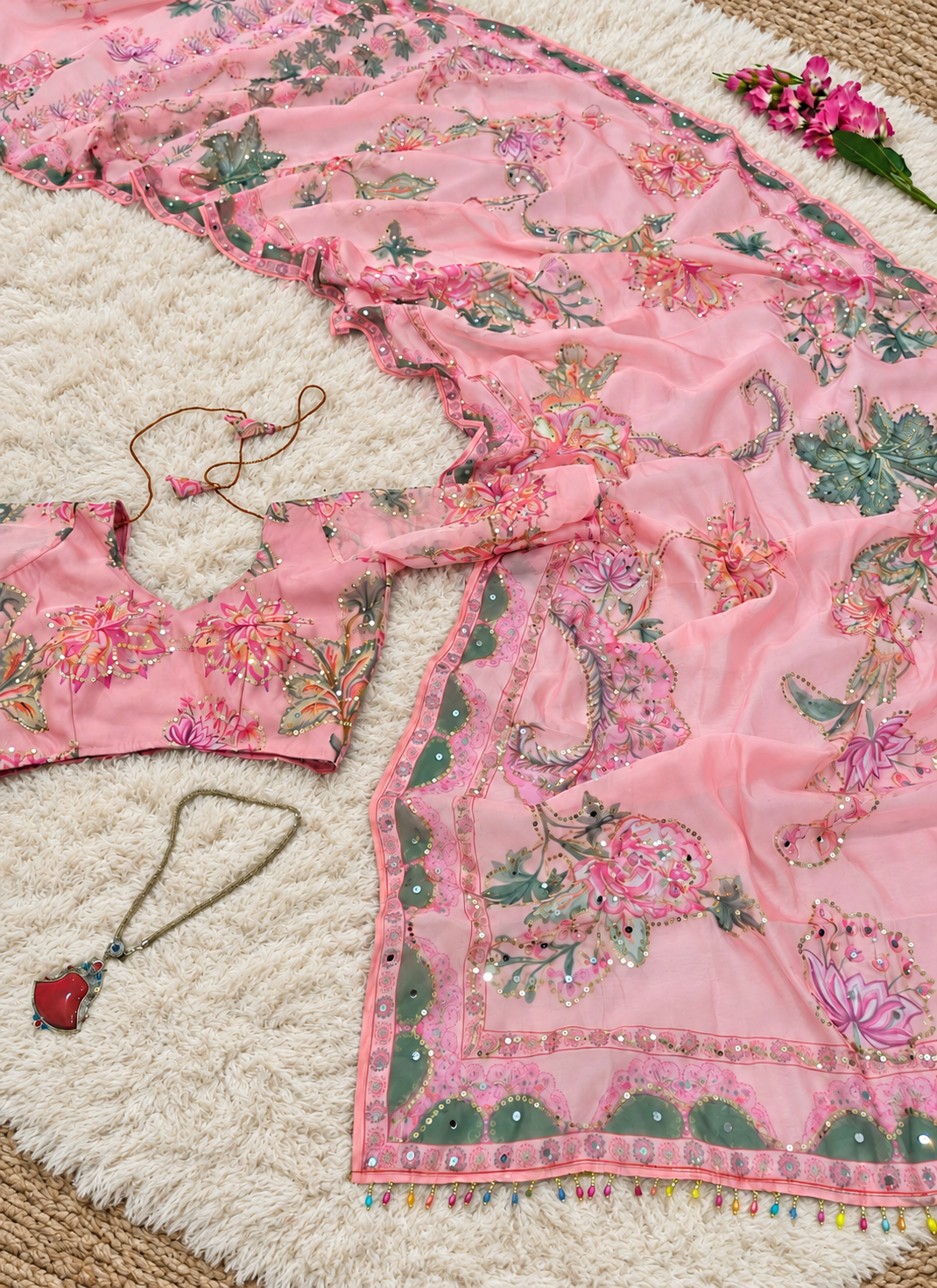 Pink Silk Printed Work Saree