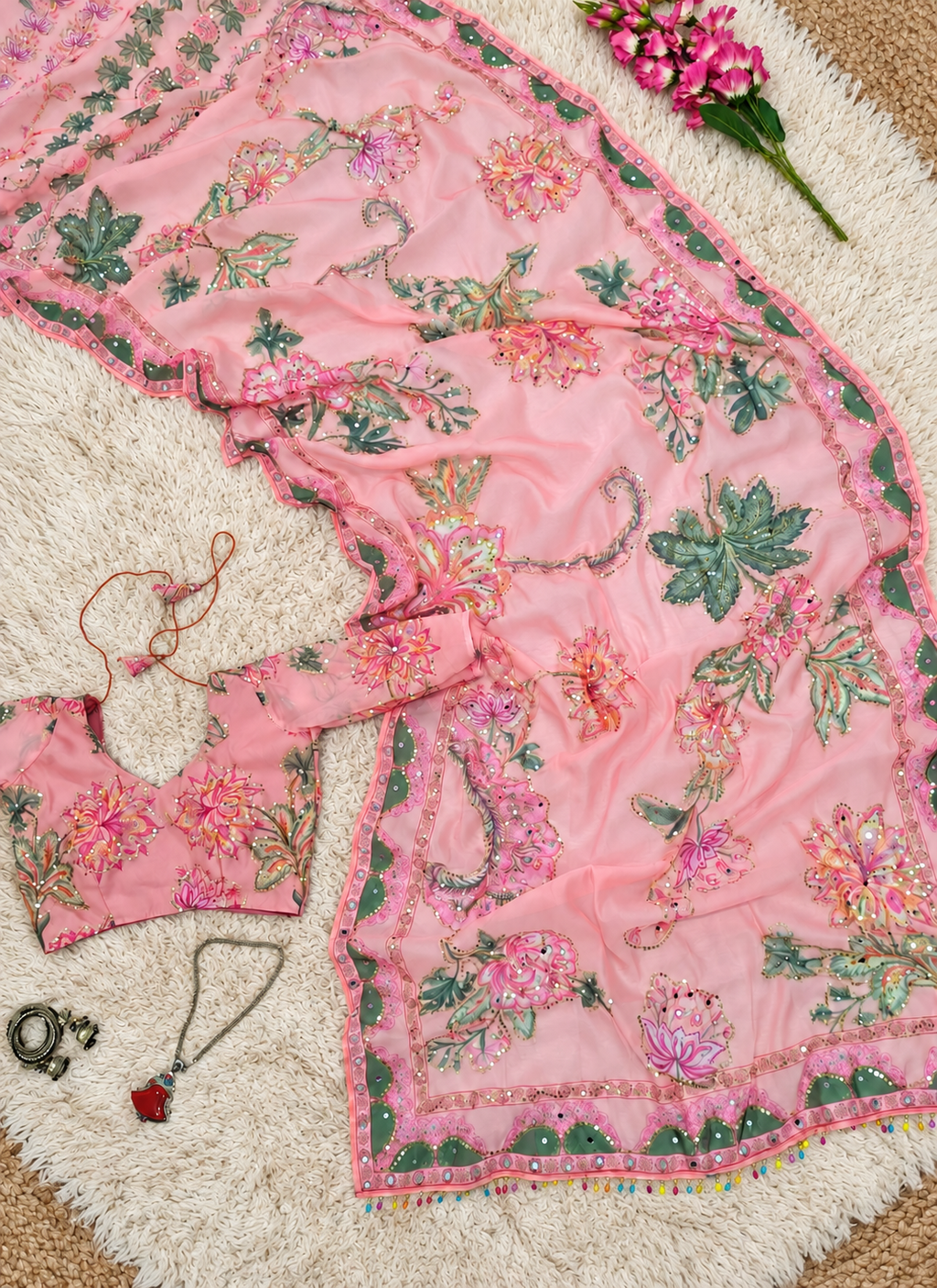 Pink Silk Printed Work Saree