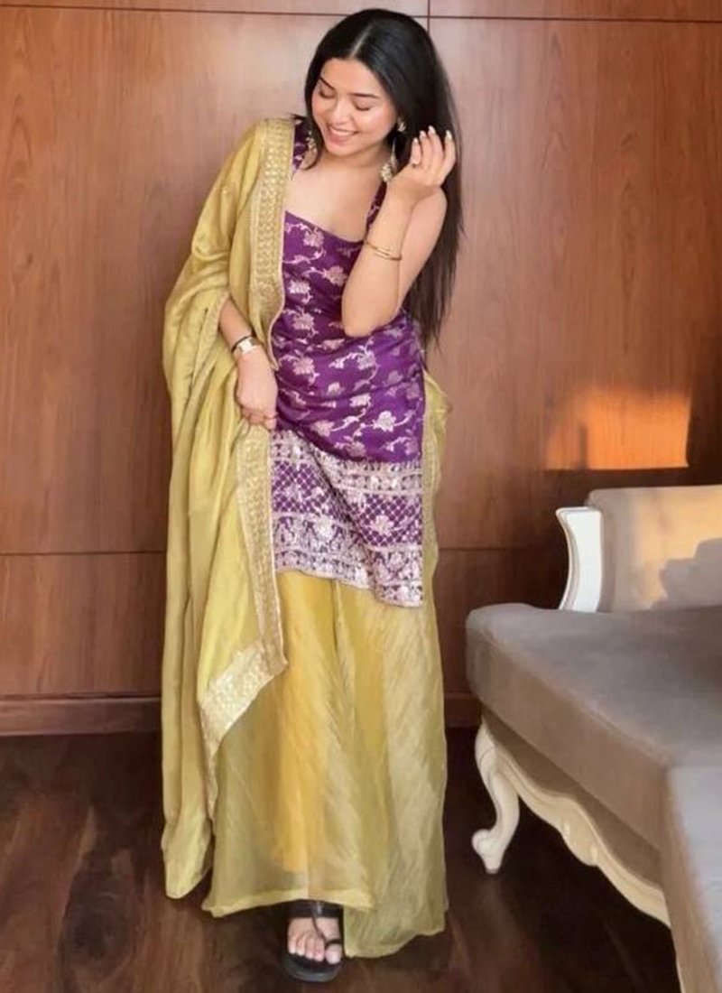 Purple Cotton Thread Work Readymade Kurta Palazzo Dupatta Set