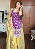 Purple Cotton Thread Work Readymade Kurta Palazzo Dupatta Set