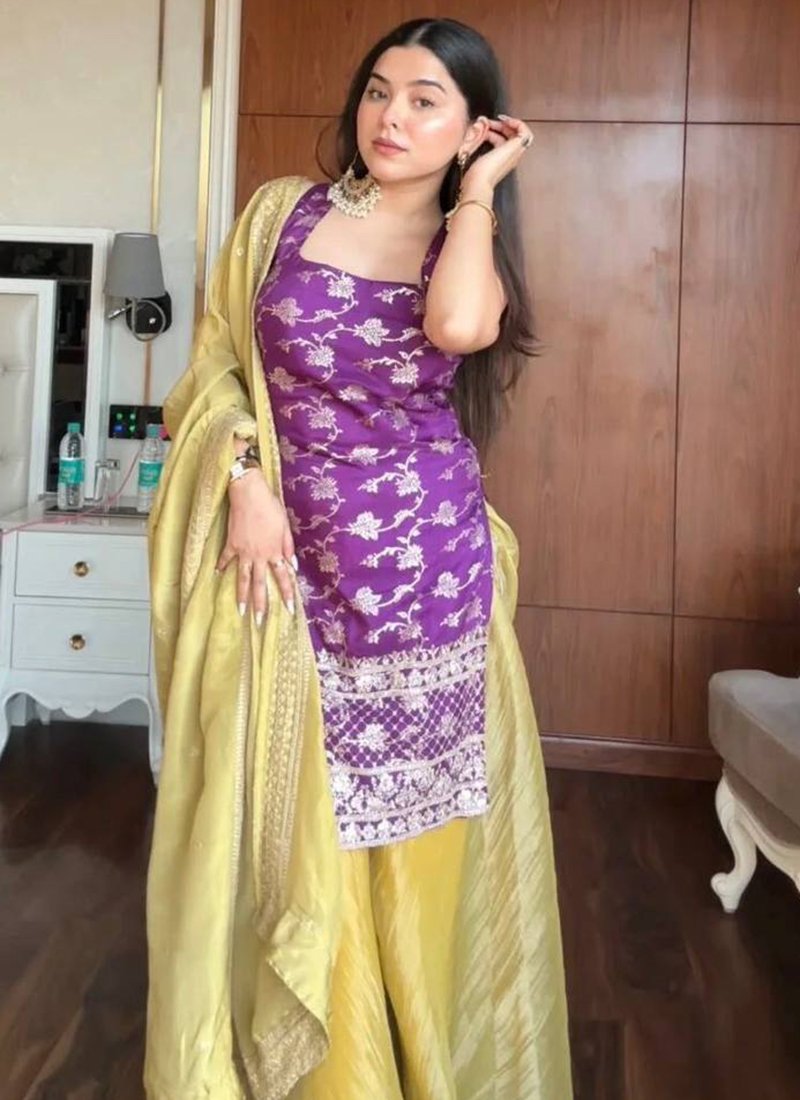 Purple Cotton Thread Work Readymade Kurta Palazzo Dupatta Set