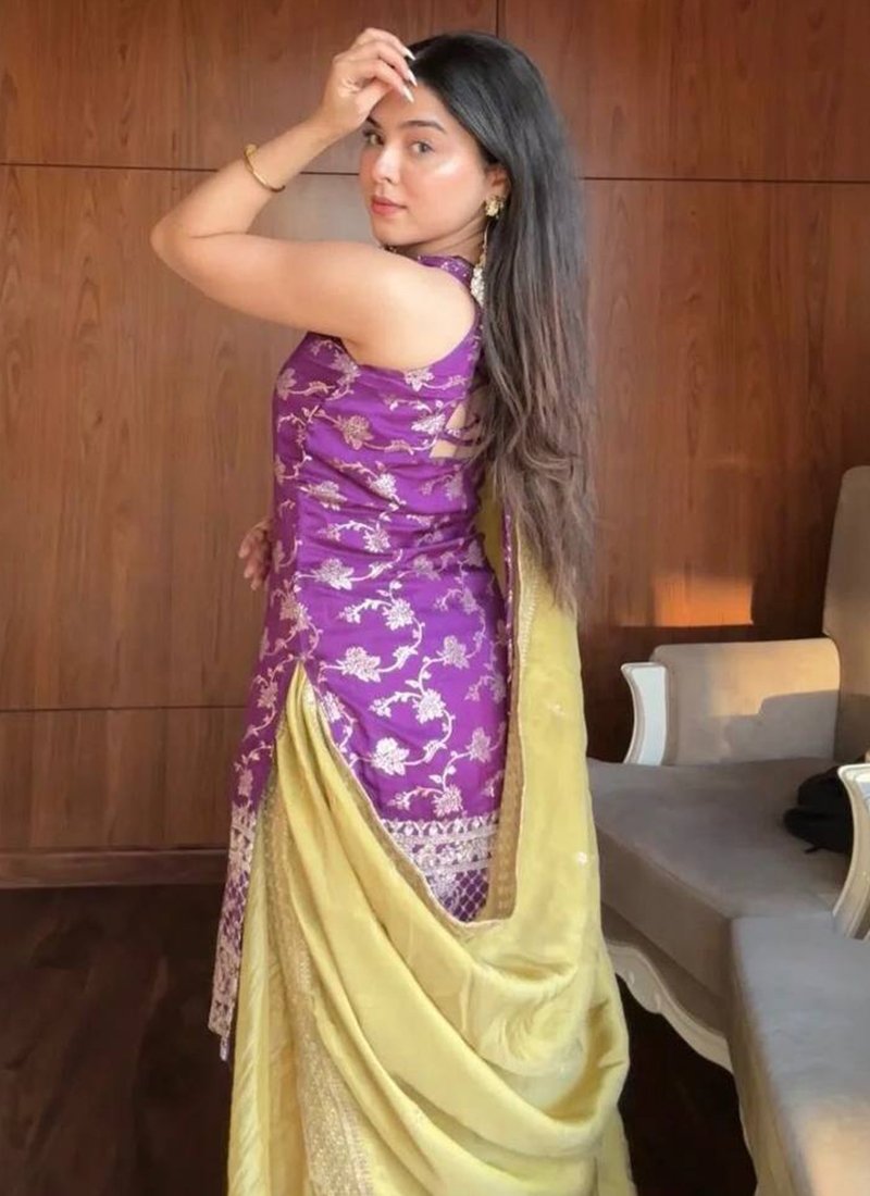 Purple Cotton Thread Work Readymade Kurta Palazzo Dupatta Set