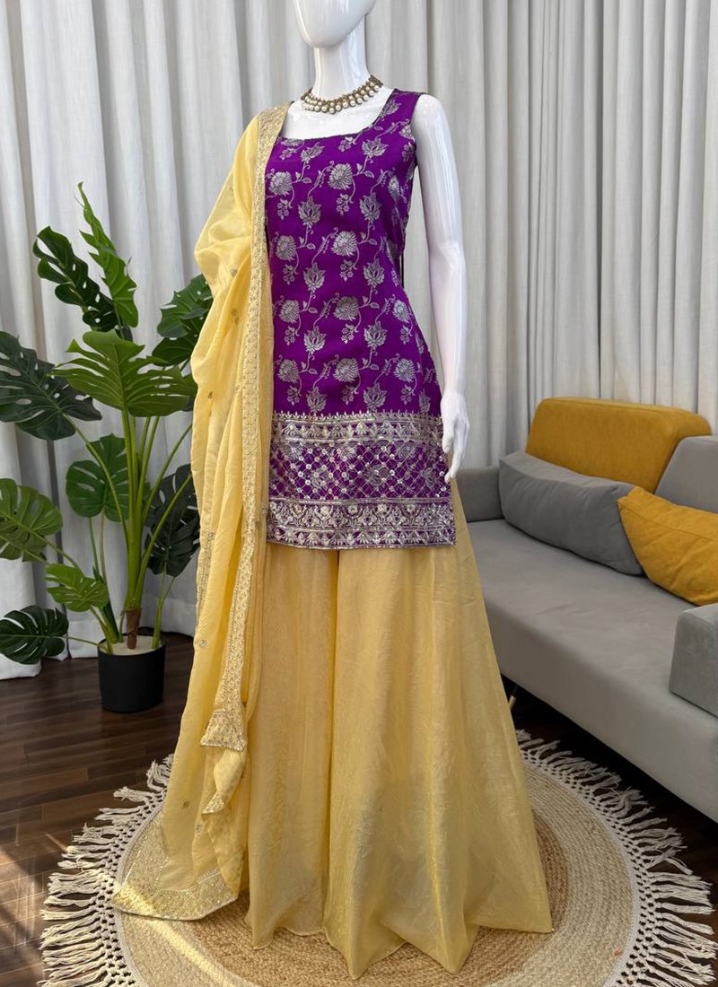 Purple Cotton Thread Work Readymade Kurta Palazzo Dupatta Set