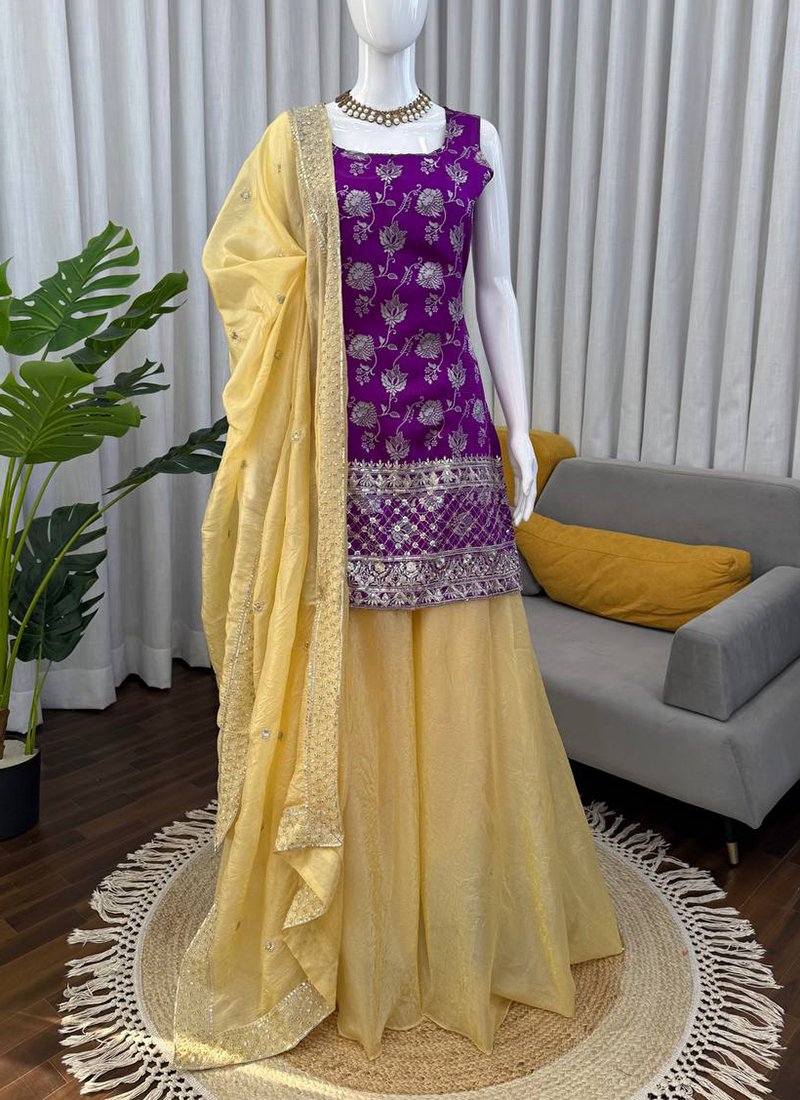 Purple Cotton Thread Work Readymade Kurta Palazzo Dupatta Set