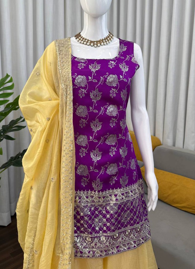 Purple Cotton Thread Work Readymade Kurta Palazzo Dupatta Set