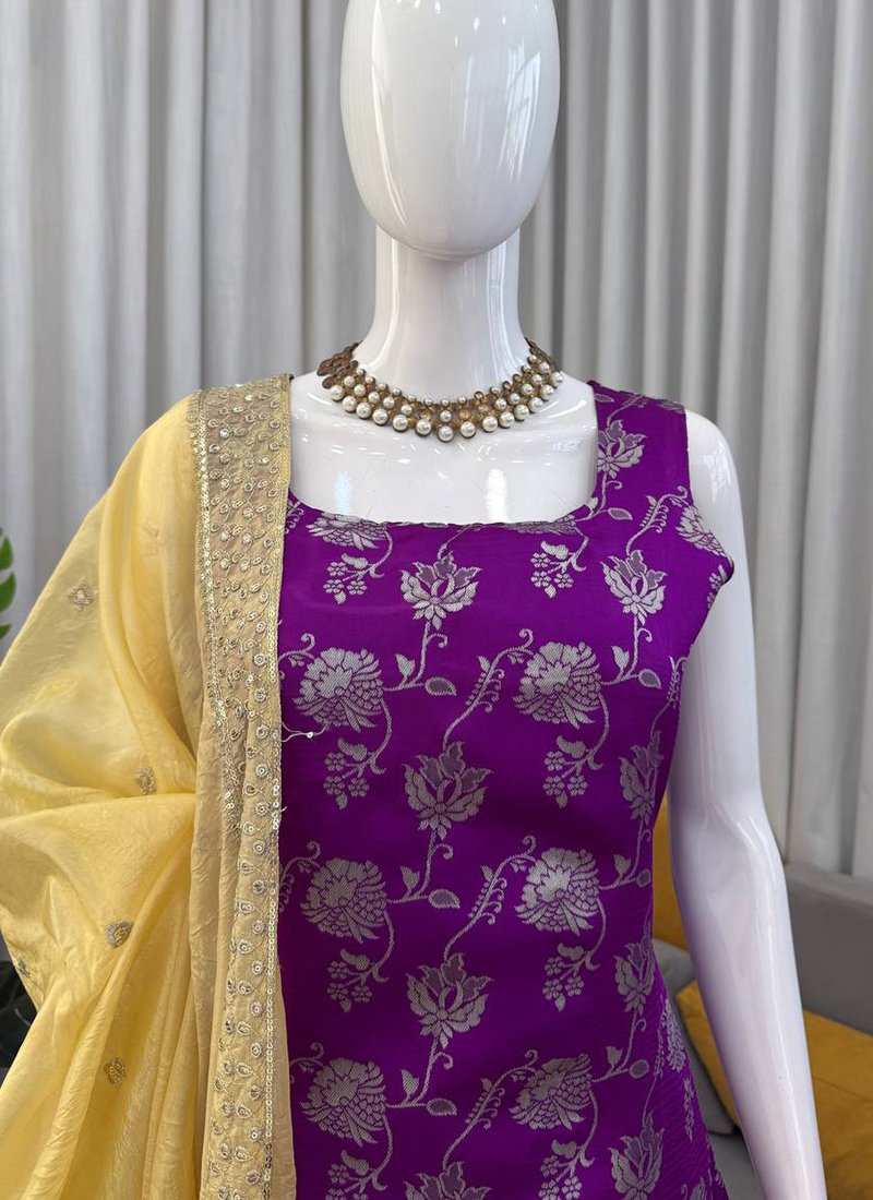 Purple Cotton Thread Work Readymade Kurta Palazzo Dupatta Set