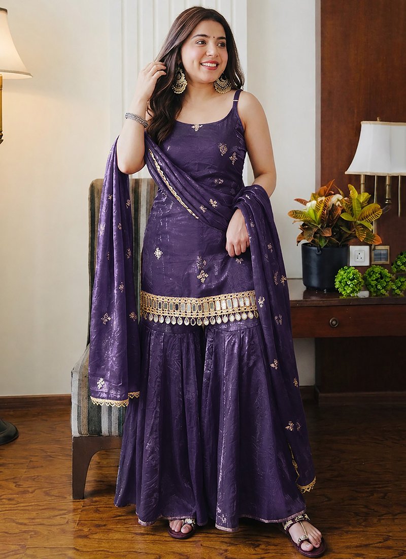 Fandy Silk Mirror Work Readymade Sharara Suit