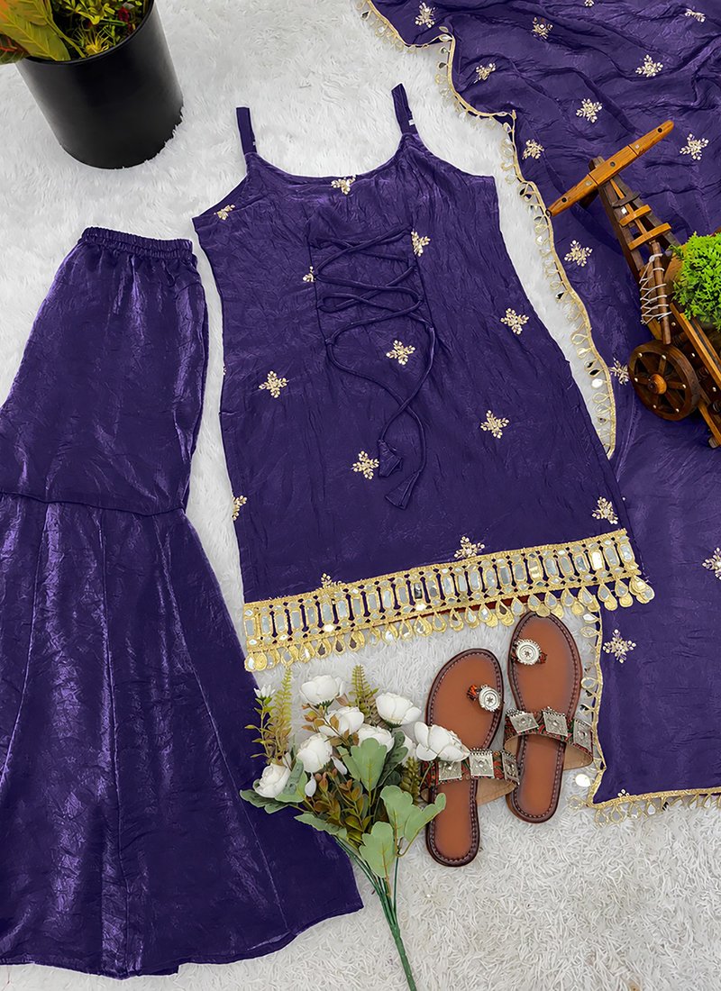 Fandy Silk Mirror Work Readymade Sharara Suit