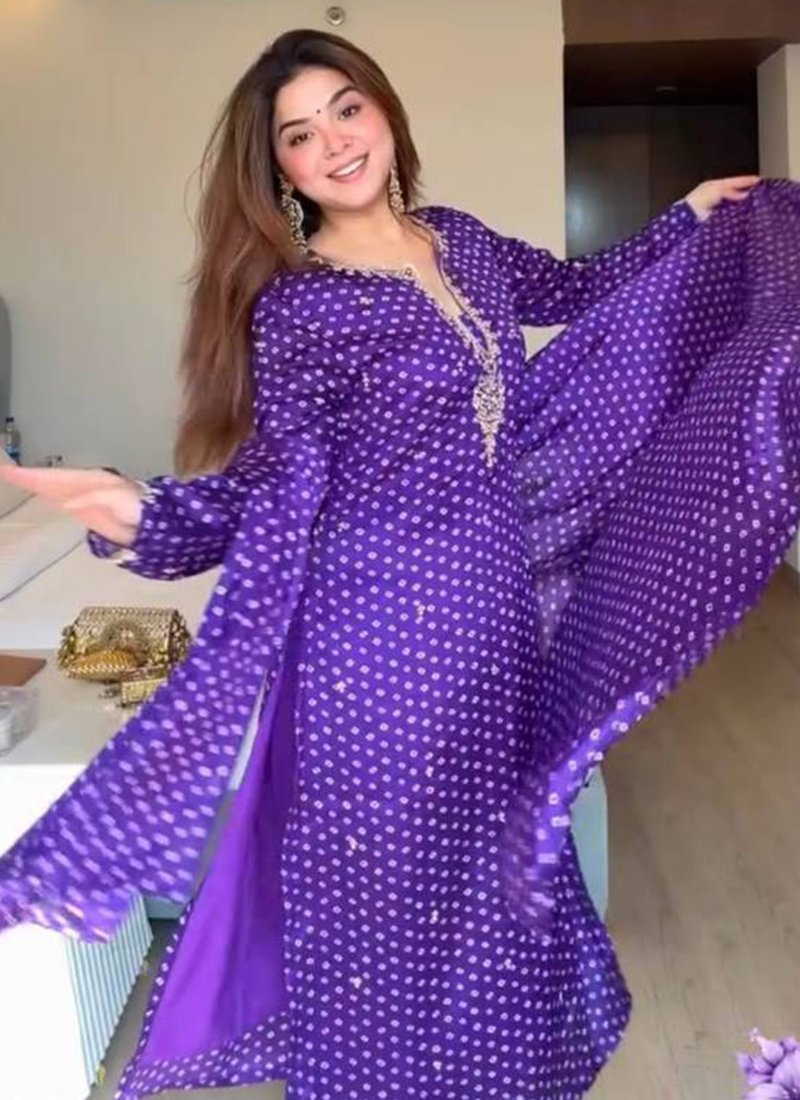 Purple Georgette Digital Print Work Readymade Pent Suit