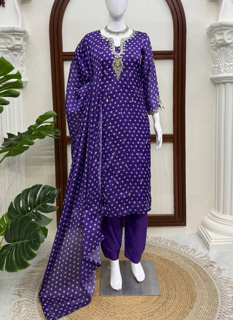 Purple Georgette Digital Print Work Readymade Pent Suit