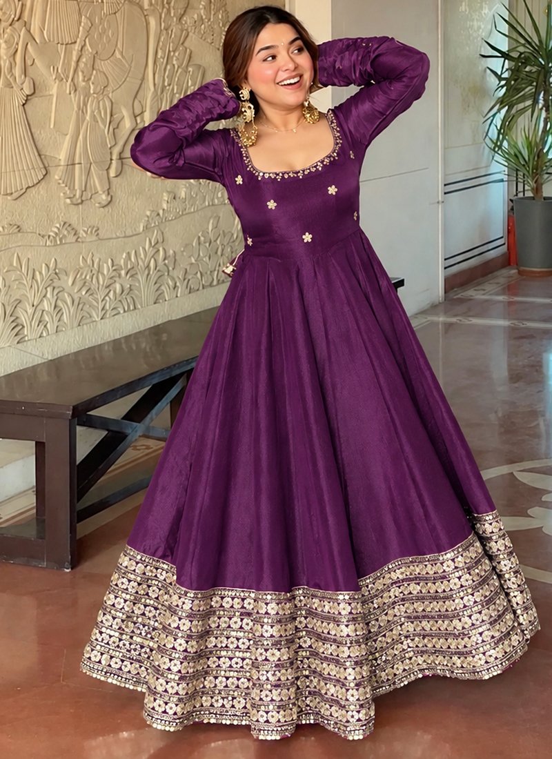 Silk Sequins Work Readymade Anarkali Suit