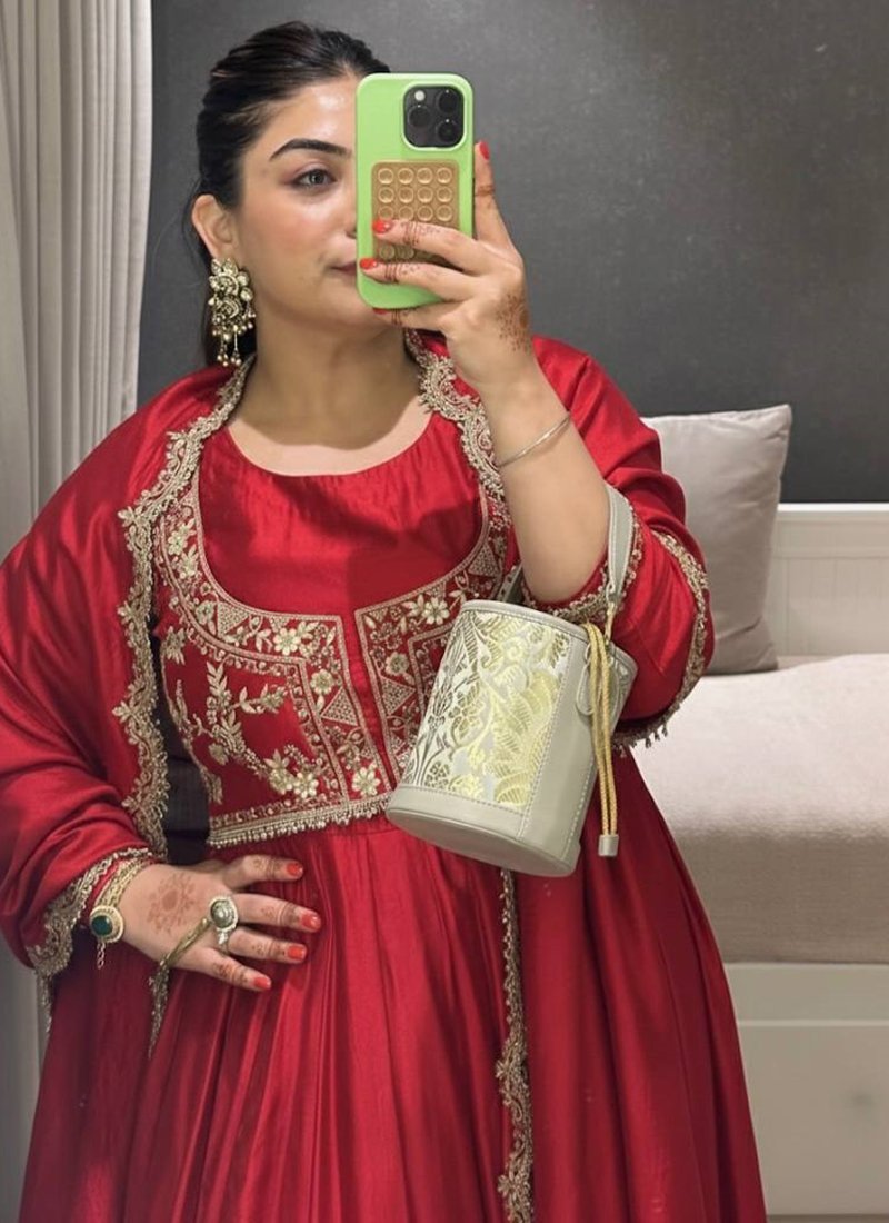 Silk Embroidery Work Readymade Anarkali Suit