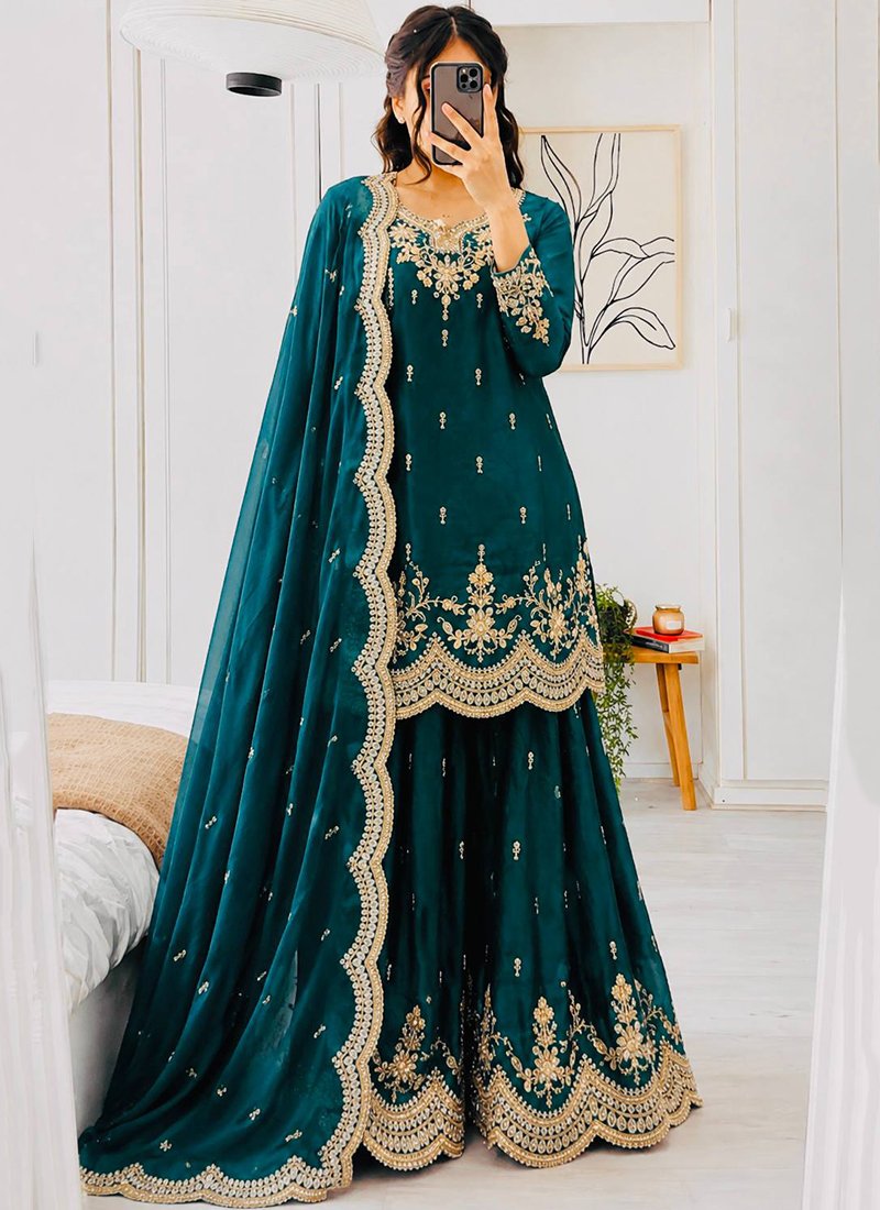 Silk Embroidery Work Readymade Plazzo Suit