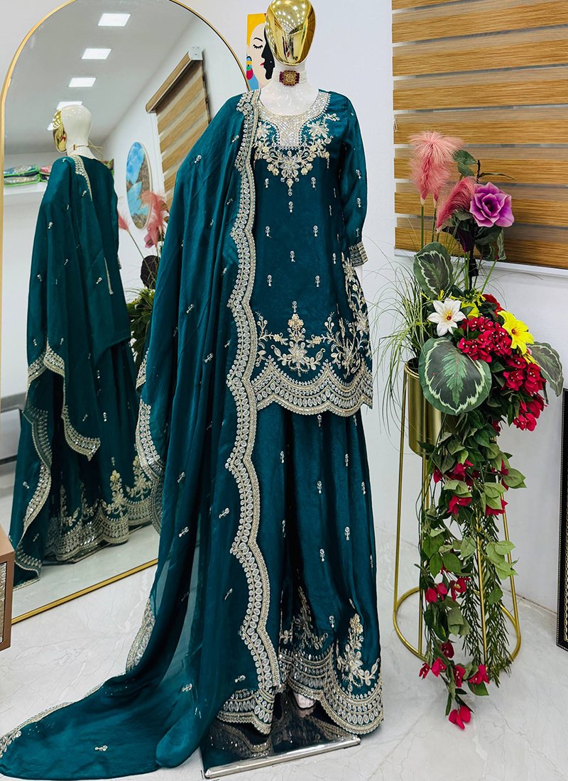 Silk Embroidery Work Readymade Plazzo Suit