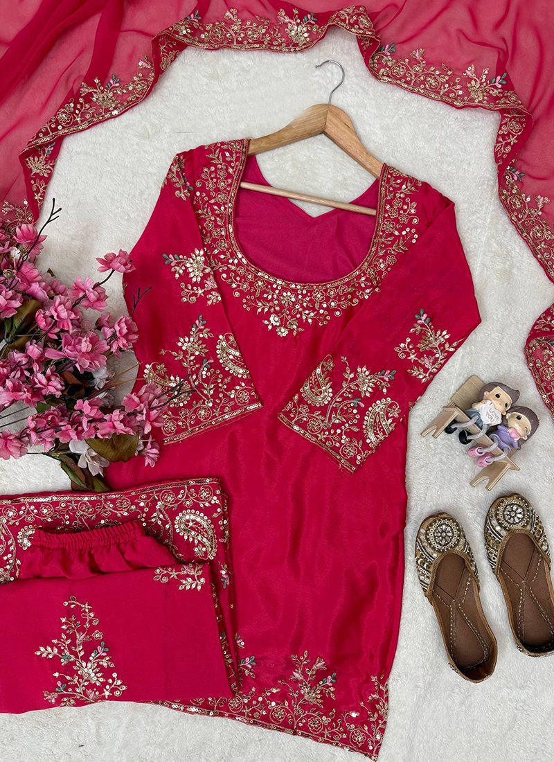 Chinon Silk Sequins Work Casual Wear Readymade Palazzo Suit