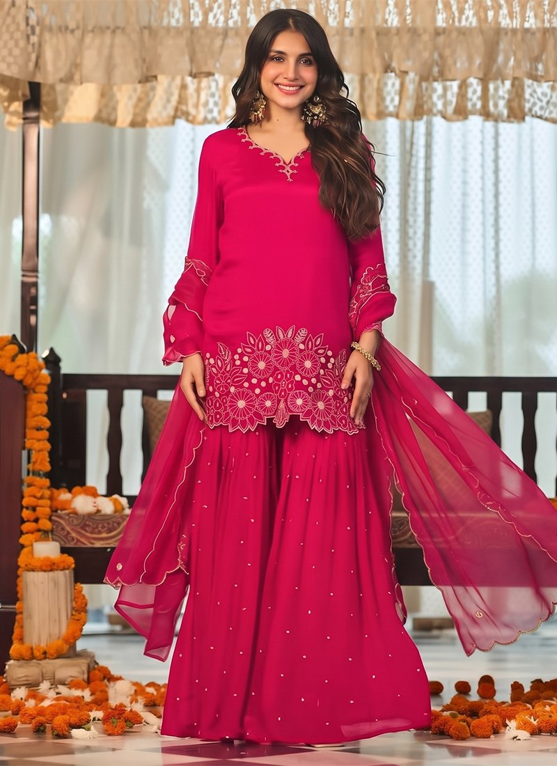 Chinon Silk Embroidery Work Festival Wear Readymade Sharara Suit