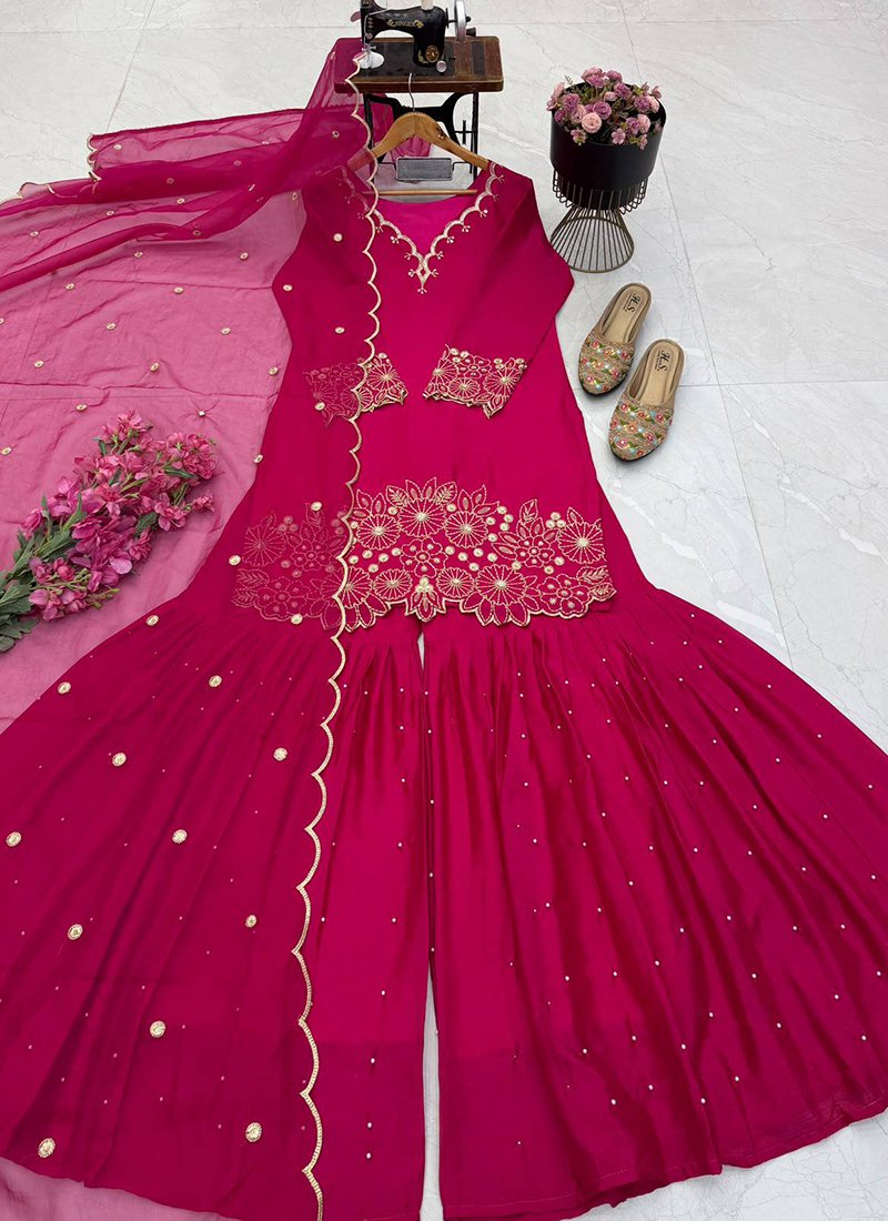 Chinon Silk Embroidery Work Festival Wear Readymade Sharara Suit