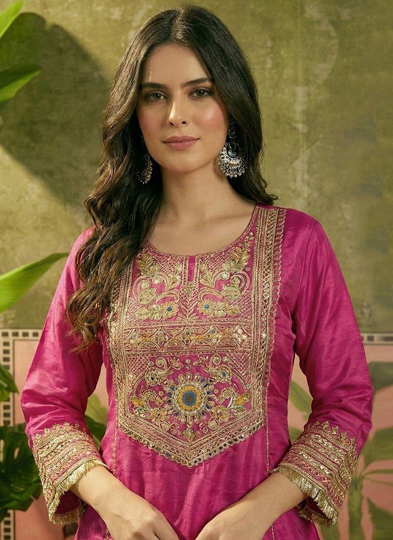 Crepe Silk Sequins Work Casual Wear Readymade Kurta Palazzo Dupatta Set