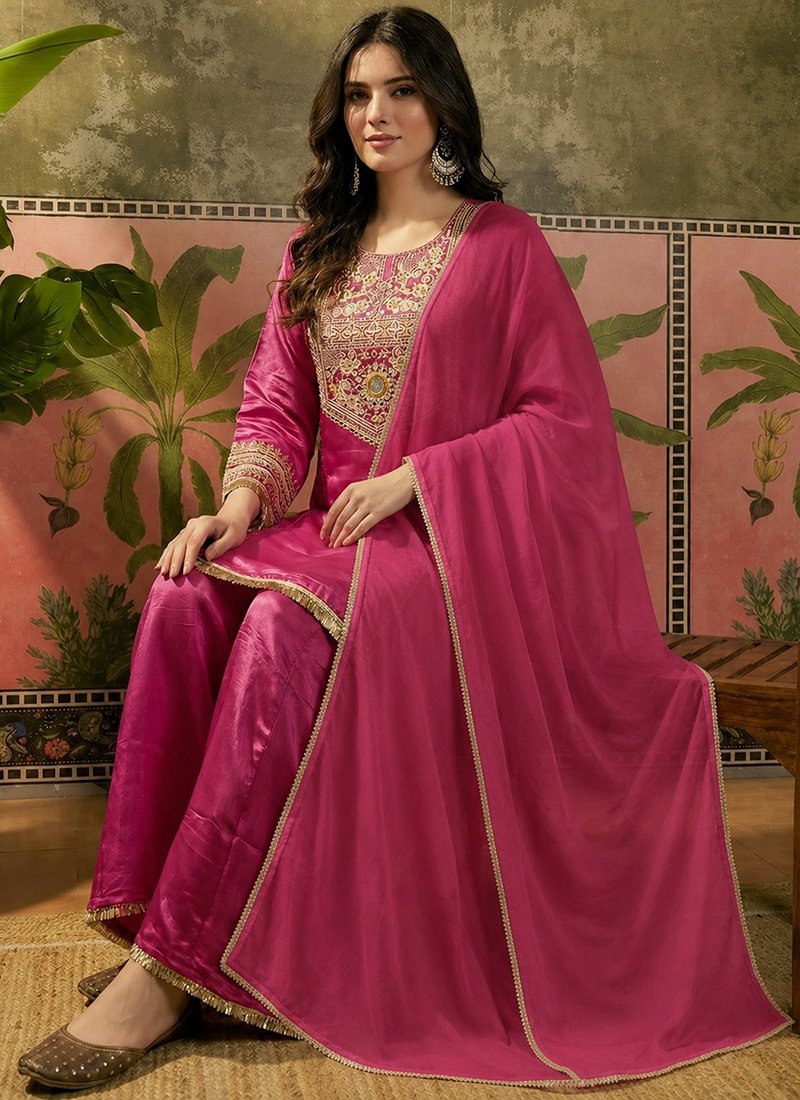 Crepe Silk Sequins Work Casual Wear Readymade Kurta Palazzo Dupatta Set