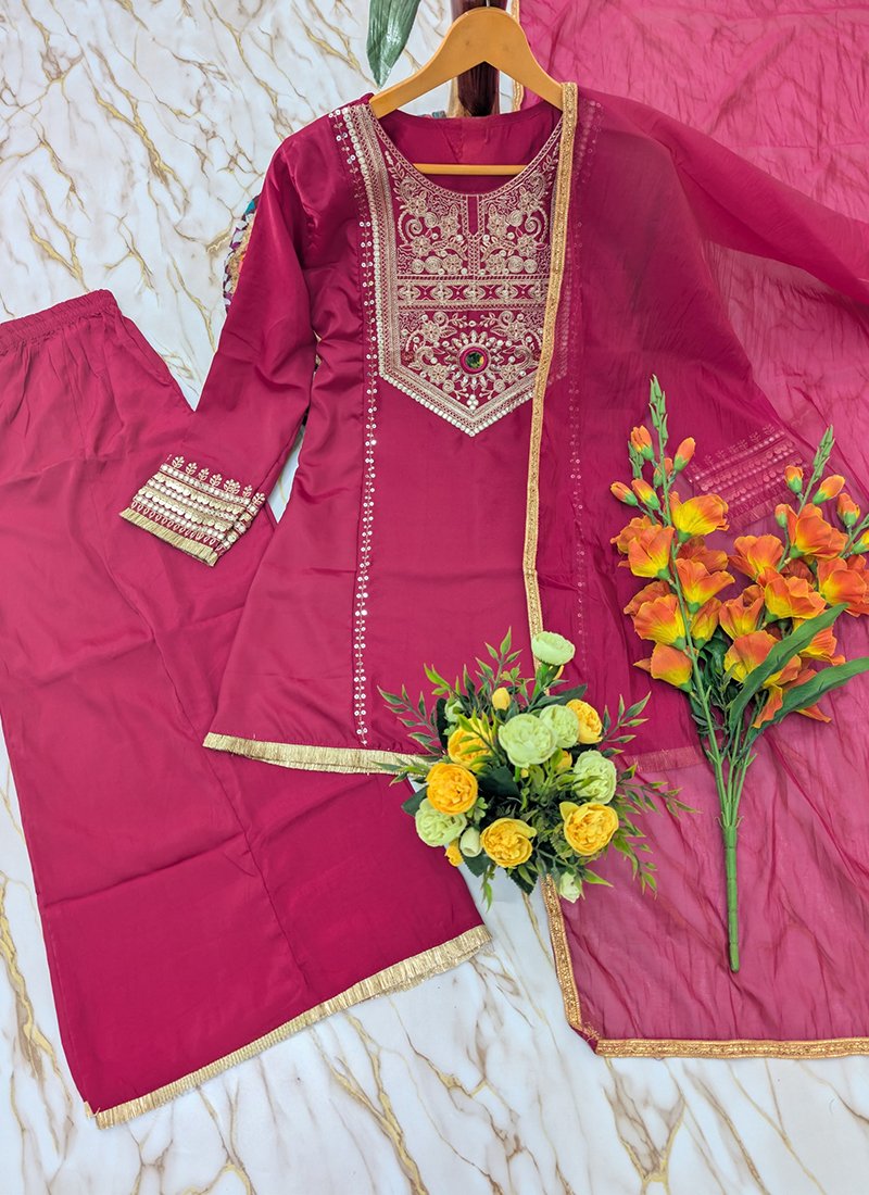 Crepe Silk Sequins Work Casual Wear Readymade Kurta Palazzo Dupatta Set