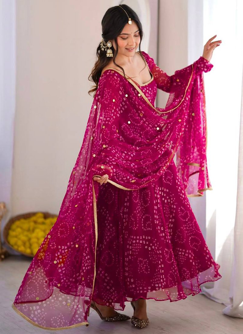Digital Print Bandhani Print Work Readymade Gown