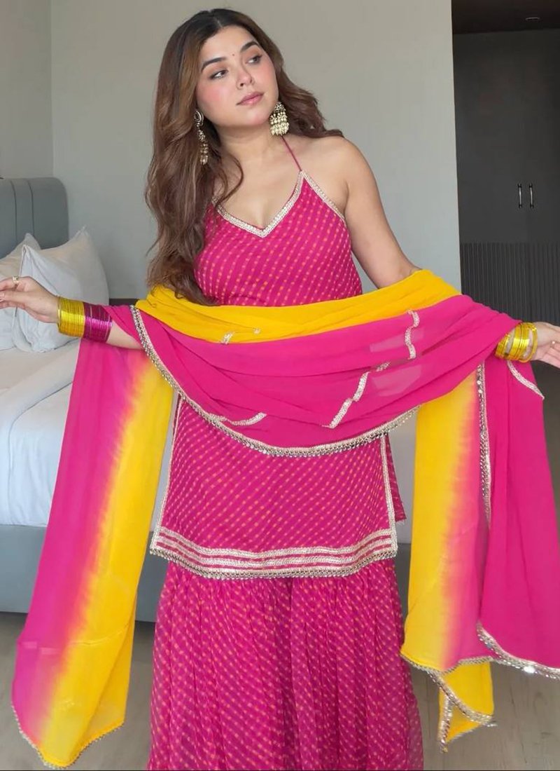 Rani Pink Georgette Digital Print Work Readymade Sharara Suit