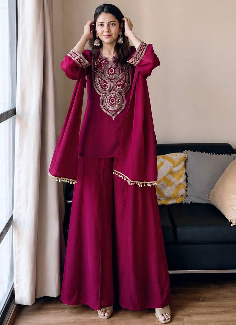 Rani Pink Vichitra Silk Sequins Work Readymade Plazzo Suit