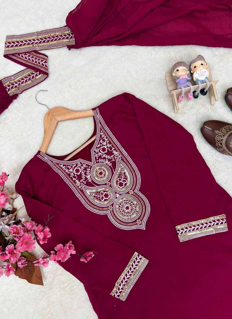 Rani Pink Vichitra Silk Sequins Work Readymade Plazzo Suit