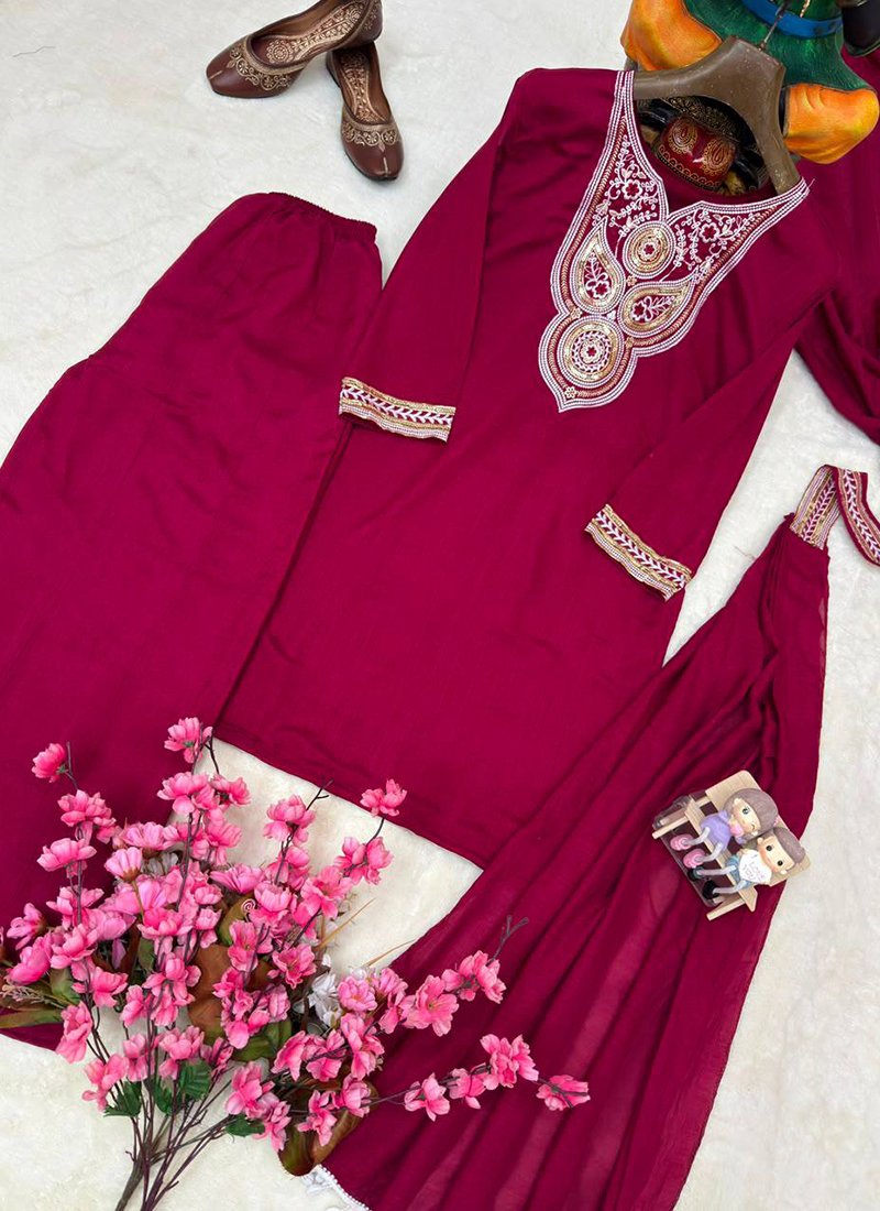 Rani Pink Vichitra Silk Sequins Work Readymade Plazzo Suit