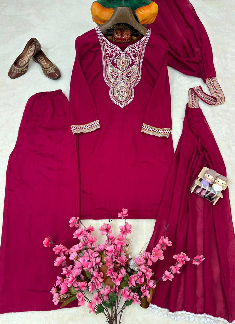 Rani Pink Vichitra Silk Sequins Work Readymade Plazzo Suit