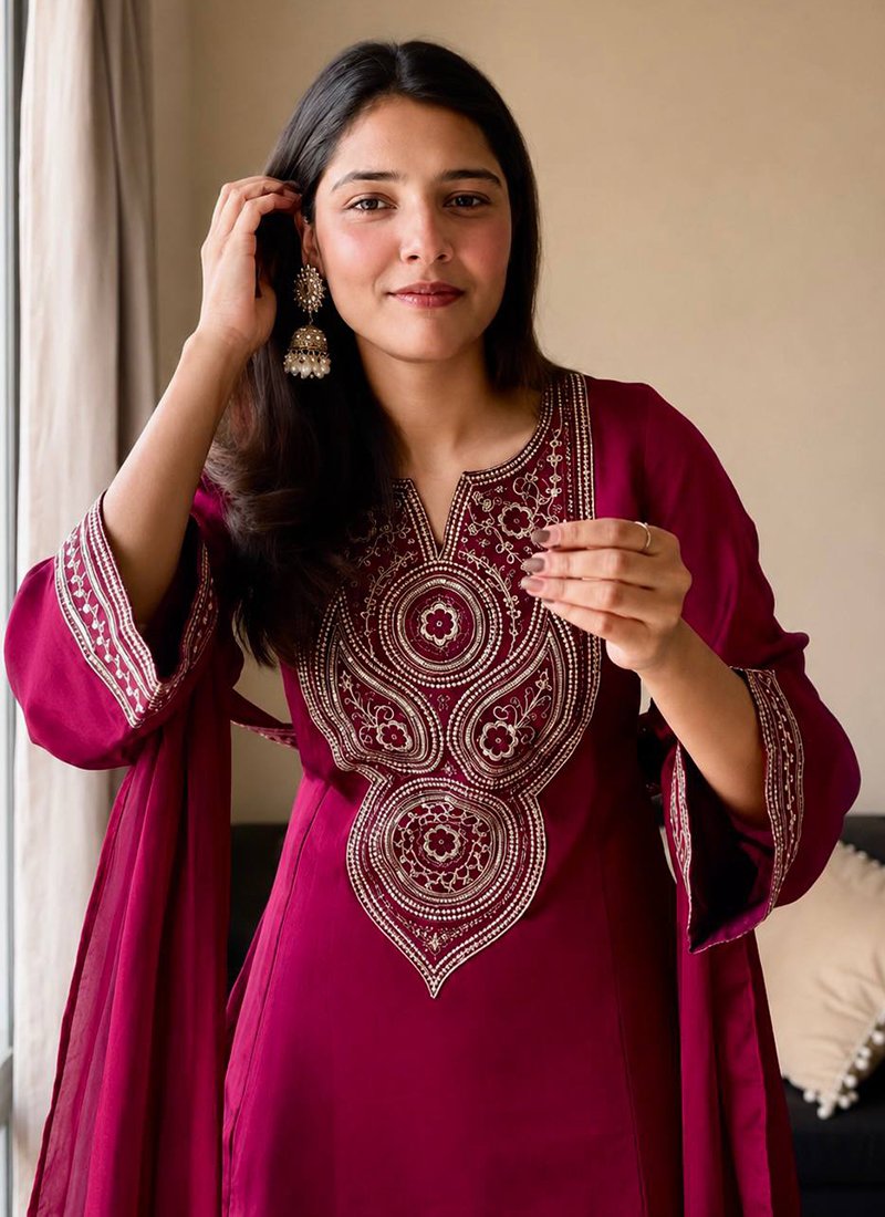 Rani Pink Vichitra Silk Sequins Work Readymade Plazzo Suit