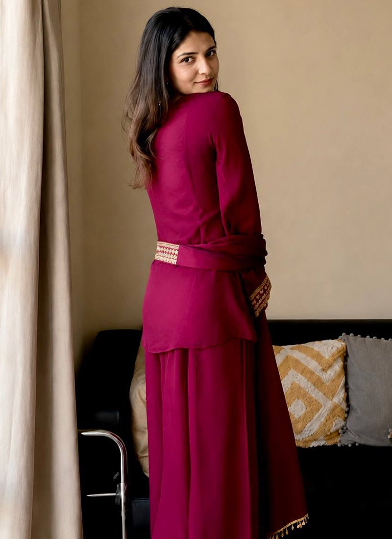 Rani Pink Vichitra Silk Sequins Work Readymade Plazzo Suit