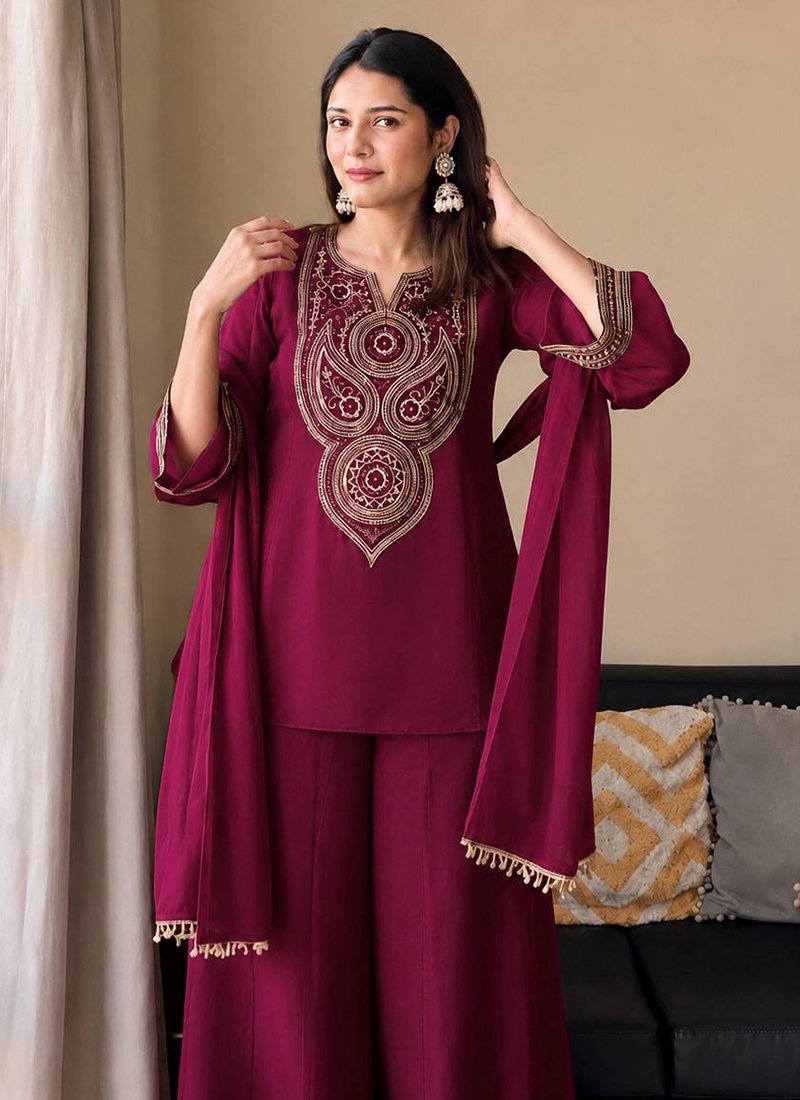 Rani Pink Vichitra Silk Sequins Work Readymade Plazzo Suit