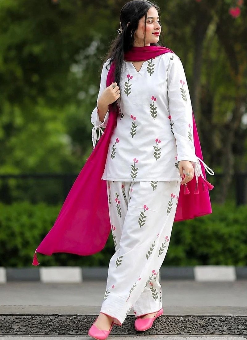 Cotton Printed Work Casual Wear Readymade Kurti Pant With Dupatta