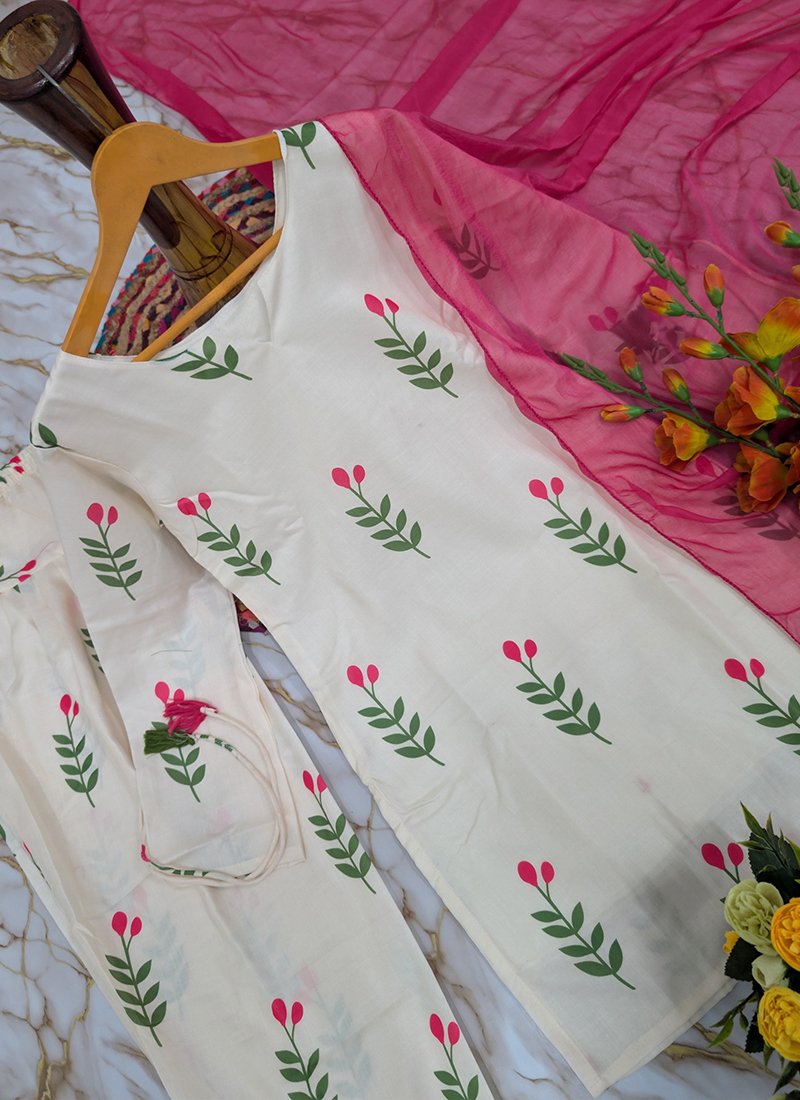 Cotton Printed Work Casual Wear Readymade Kurti Pant With Dupatta