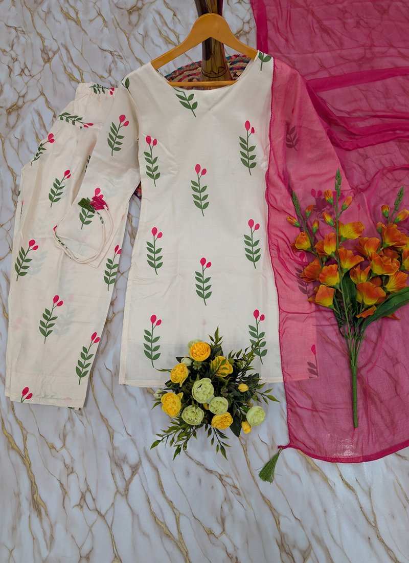 Cotton Printed Work Casual Wear Readymade Kurti Pant With Dupatta