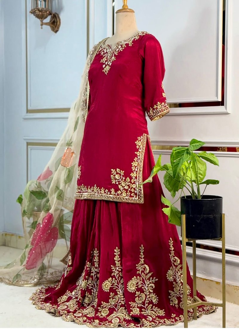 Red Chinon Silk Embroidery Work Readymade Sharara Suit