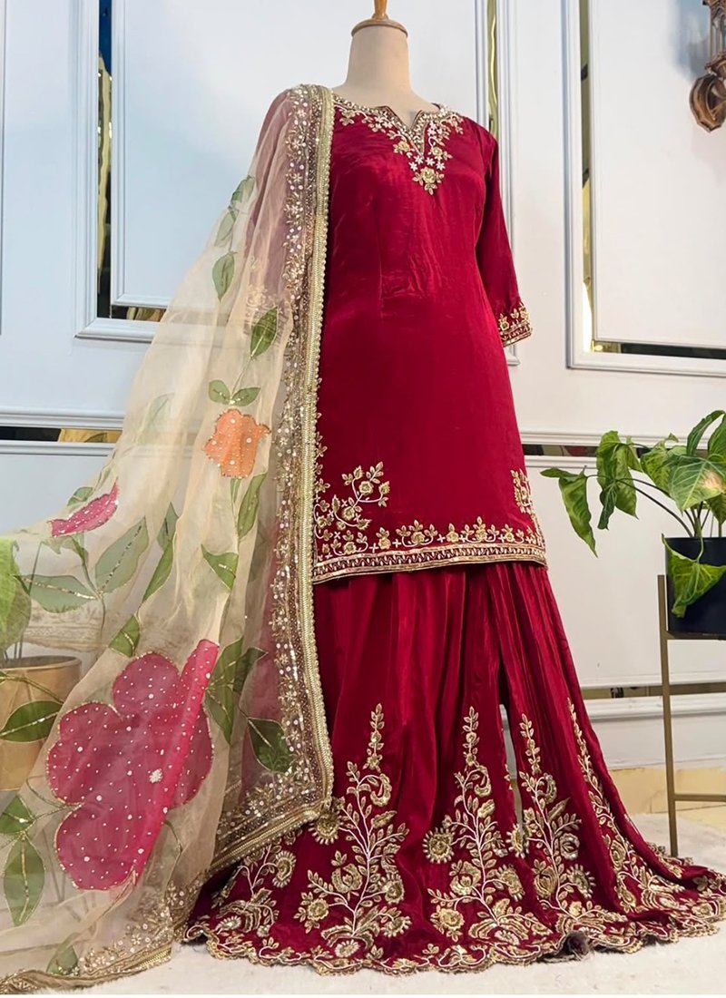 Red Chinon Silk Embroidery Work Readymade Sharara Suit